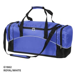 A royal blue and white duffle bag with black accents and a logo. Features handles and an adjustable shoulder strap.