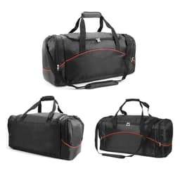 A black duffle bag with contrasting red accents, featuring multiple handles and a shoulder strap. It has a logo.