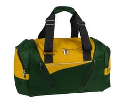 A duffle bag featuring a green and yellow design, equipped with multiple zippered pockets and a sturdy handle.