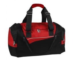 A black and red duffle bag featuring multiple zippered pockets and a logo.
