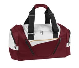 A maroon and white duffle bag with black straps and zippers, featuring a logo and a sleek design.