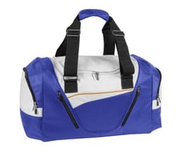 A blue and white duffle bag with black straps and multiple pockets, featuring a logo on the design.