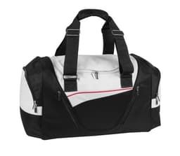 A duffle bag in black and white with multiple zippered pockets and a sturdy shoulder strap.