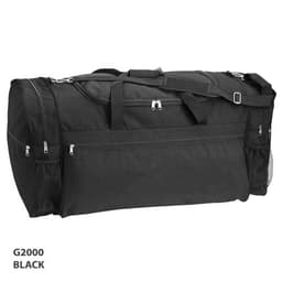 A large black duffle bag with multiple zippered pockets and a mesh side pocket. It features handles and an adjustable strap.