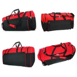 A large sports bag in red and black, featuring multiple compartments and a logo.
