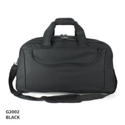 A black wheeled travel bag with dual handles, a shoulder strap, and a front pocket. Features a logo.
