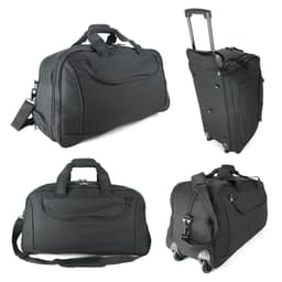 A wheeled travel bag in black with multiple carrying options, including handles and a retractable handle.
