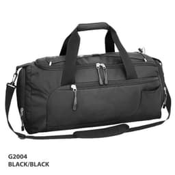 A black duffle bag featuring dual handles, a shoulder strap, pockets, and a zippered closure. It has branding.