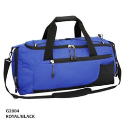 A royal blue and black duffle bag with multiple zippered compartments and a detachable shoulder strap.
