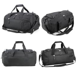 A black duffle bag with multiple compartments and zippers. It features a shoulder strap and sturdy handles, along with branding.