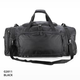 A black wheeled bag with multiple compartments and a detachable shoulder strap. It features a logo.