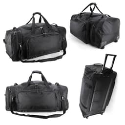 A black wheeled bag with multiple compartments, featuring handles and a retractable trolley handle. It has a brand logo.
