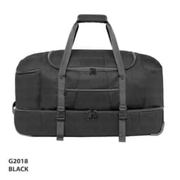 A black wheeled bag with multiple zippered compartments and sturdy handles. It has a logo and durable construction.