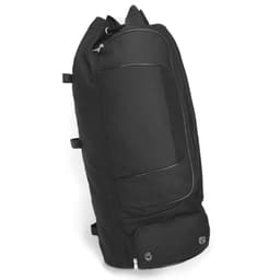 A black sports bag featuring a sleek design, mesh panel, and a logo on the surface.
