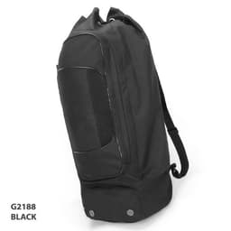 A black sports bag with a mesh panel, featuring a shoulder strap and rounded bottom. The bag has a logo.