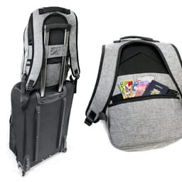 A grey anti-theft backpack with a retractable handle and hidden pocket containing cash and a passport.