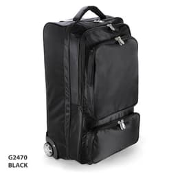 A black wheeled trolley bag featuring multiple compartments and zippers, with a sturdy handle and wheels for easy transport.