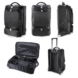 A black wheeled trolley bag with multiple compartments, a retractable handle, and a logo.