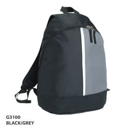 A black and grey 2 Panel Backpack featuring a zippered compartment and an adjustable strap. It has a logo on the front.