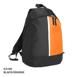 A 2 Panel Backpack in black and orange with a zip closure and a logo on the front.