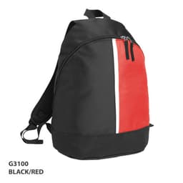 A black and red 2-panel backpack with a zippered front pocket and a logo. Adjustable straps are visible.