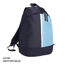 A navy and sky blue 2 Panel Backpack with a zip closure and a logo.
