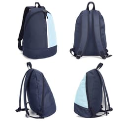A blue and light blue two-panel backpack with a logo, featuring adjustable straps and a sleek design.