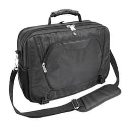 A black wheeled bag with multiple compartments, a sturdy handle, and a detachable shoulder strap. It features a logo.
