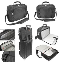 A black wheeled trolley bag with multiple compartments, a retractable handle, and a removable shoulder strap.