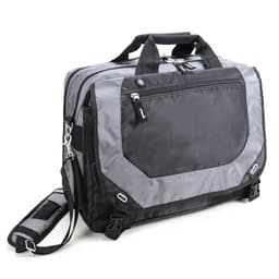 A wheeled trolley bag in black and grey with multiple compartments and a shoulder strap. It features a logo on the front.