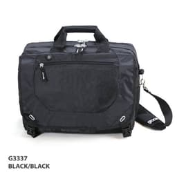 A black wheeled trolley bag with multiple compartments and a detachable shoulder strap. It features a logo.