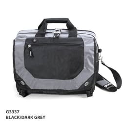 A wheeled bag in black and dark grey with a front pocket and a shoulder strap. Features a logo on the side.