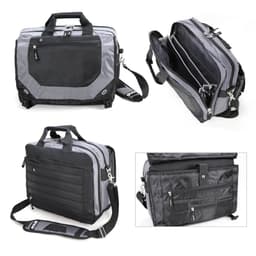 A wheeled bag in grey and black, featuring zippered compartments and a detachable shoulder strap. Includes a logo.