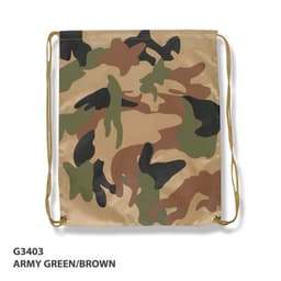 A drawstring bag in army green and brown camouflage pattern, featuring gold drawstring cords.