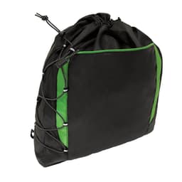 A black drawstring bag with green accents, featuring a cinch closure and a side pocket with a logo.