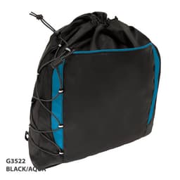 A drawstring bag in black with turquoise accents, featuring a logo and a cinched top closure.