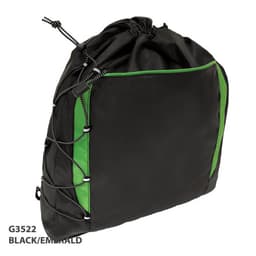 A black and emerald drawstring backsack featuring a large main compartment and exterior pocket with a logo.
