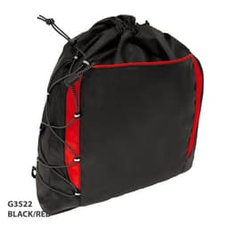 A black and red drawstring bag with a textured surface and a central cinch closure, featuring a logo.