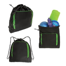 A black drawstring bag with green accents, featuring a front pocket and contents like a towel and sports balls.