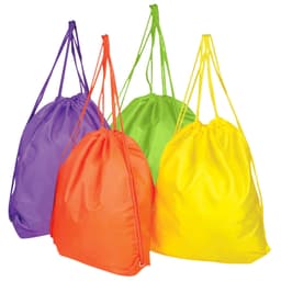 Four drawstring bags in vibrant colours: purple, orange, green, and yellow, each with matching drawstrings.