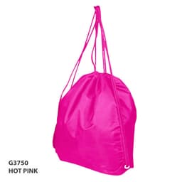 A hot pink drawstring bag with cords for carrying, featuring a logo on the side.