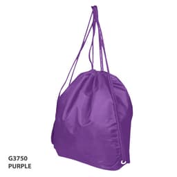 A purple drawstring bag with two shoulder straps and a cinched top, featuring a logo.