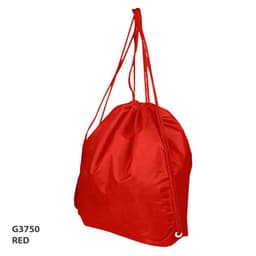 A red drawstring bag with matching cords and a logo, featuring a simple and lightweight design.