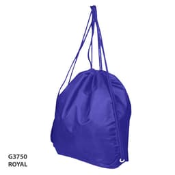 A royal blue drawstring bag with two matching straps and a tucked opening. It features a logo.