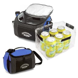 A lunch bag in black and blue, featuring an interior cooler and a clear container holding several drink cans.