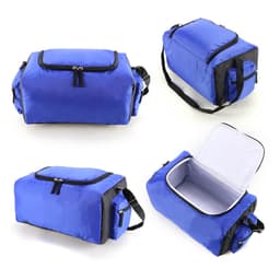 A blue cooler bag features a zippered opening, black accents, and an interior compartment for storage. It has a logo.