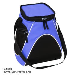 A large cooler bag in royal blue, white, and black, featuring a zippered top and mesh side pockets.