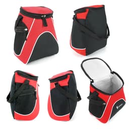 A large cooler bag in black and red, featuring mesh pockets and a zippered opening, with a logo.