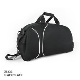 A black duffle bag with contrasting white lines and a shoulder strap, featuring a logo.