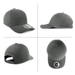 A grey cap displayed from multiple angles, featuring a logo on the side and a snapback closure at the rear.